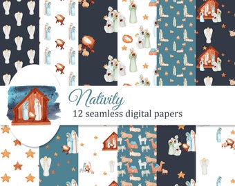 Nativity Christmas Digital Papers Pack, Bible Christmas scene seamless pattern, background