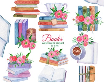 Reading books watercolor clipart, romantic books and flowers, sublimation png, bookstagram, planner books stickers, library, learning