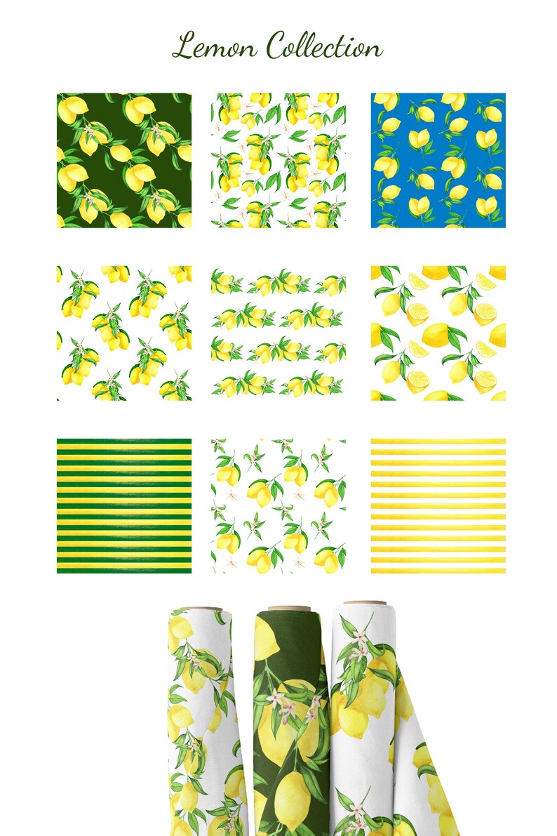 Lemon Digital Paper Pack Watercolor Lemon seamless pattern set