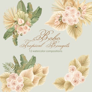 Bouquets Boho aquarelles avec feuilles de palmier séchées et fleur. Clipart de mariage bohème. Compositions de fleurs Boho.