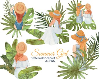 Summer Girls tropical watercolor clipart, Fashion illustration, planner clipart, woman with a hat