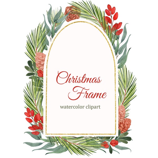 Christmas greenery and flowers floral frame clipart, gold winter arch wedding invitation PNG