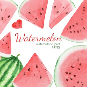 May include: Watercolor clipart featuring various watermelon slices and a heart-shaped piece. The image includes a whole watermelon and slices with black seeds. The text "Watermelon watercolor clipart 7 PNG" is also present.