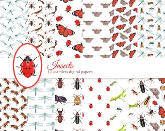 Insects seamless pattern, minibeast digital paper pack, summer background, bug, butterfly, dragonfly, beetle