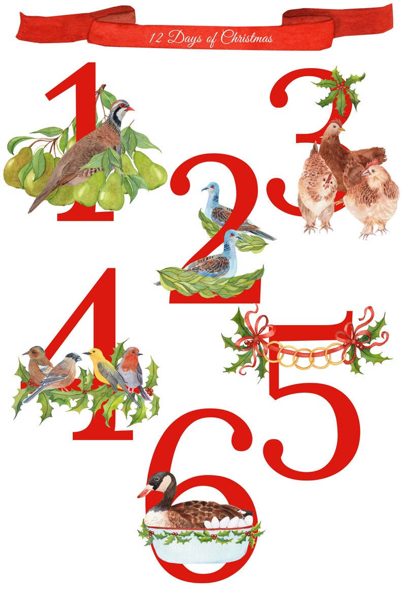 12 Days of Christmas Watercolor Clipart, Christmas Song Illustration ...