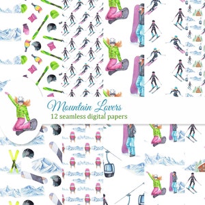 Pack de papiers numériques de ski et de snowboard, modèle sans couture d'hiver, fond de sports d'hiver