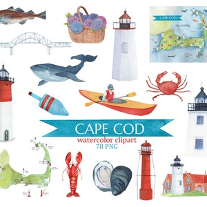 Cape Cod Aquarell Landkarte, Cape Cod Landkarte, Leuchtturm Malerei, Sublimation png, Hochzeitseinladung, Reiseandenken, Touristenattraktion