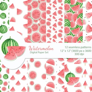May include: Twelve digital paper patterns featuring watercolor illustrations of watermelon slices and whole watermelons on a white background. The patterns are 12 inches by 12 inches and 300 dpi.