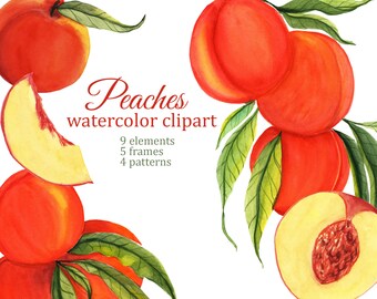 Peach watercolor clipart, peaches frames, seamless patterns, decoupage paper, baby shower invitations