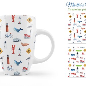 May include: A white ceramic mug with a colorful pattern of lighthouses, sailboats, lobsters, seagulls, bicycles, and whales. The pattern is repeated on the mug and is a seamless design. The mug is on a white background. The text "Martha's Vineyard" is written in green and black above the mug.
