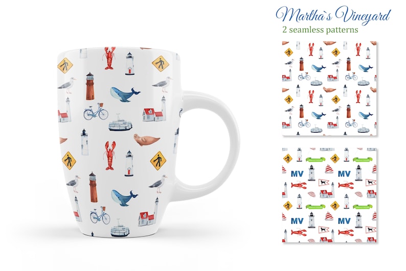 May include: A white ceramic mug with a colorful pattern of lighthouses, sailboats, lobsters, seagulls, bicycles, and whales. The pattern is repeated on the mug and is a seamless design. The mug is on a white background. The text "Martha's Vineyard" is written in green and black above the mug.
