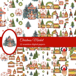 May include: A digital paper pack with 12 seamless patterns featuring a Christmas market theme. The patterns include illustrations of a carousel, Ferris wheel, gingerbread houses, Christmas trees, and people in winter clothing.