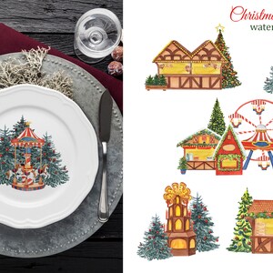 May include: Watercolor clipart illustration of a Christmas market with a carousel, Ferris wheel, gingerbread houses, and Christmas trees. The illustration is in a whimsical style with bright colors and festive details.