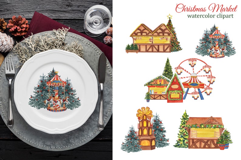 May include: Watercolor clipart illustration of a Christmas market with a carousel, Ferris wheel, gingerbread houses, and Christmas trees. The illustration is in a whimsical style with bright colors and festive details.