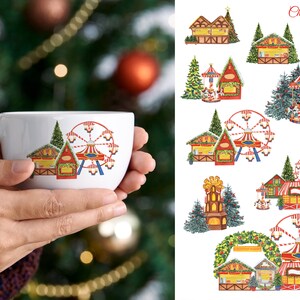May include: Watercolor clipart set of a Christmas market with a Ferris wheel, carousel, gingerbread houses, and other festive decorations. The illustrations are in a vintage style with bright colors and intricate details.