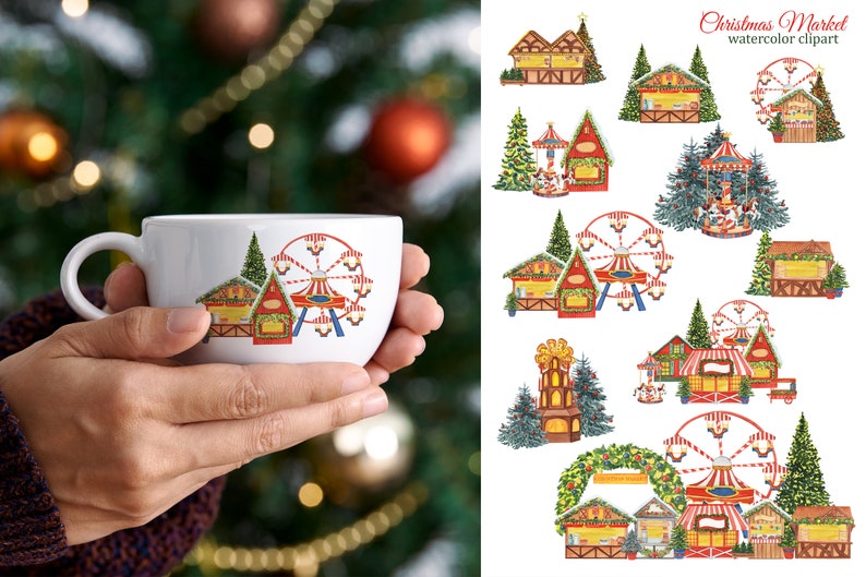 May include: Watercolor clipart set of a Christmas market with a Ferris wheel, carousel, gingerbread houses, and other festive decorations. The illustrations are in a vintage style with bright colors and intricate details.