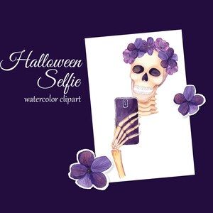 Clipart selfie de Halloween con cráneo de glamour. Imágenes prediseñadas de Instagram