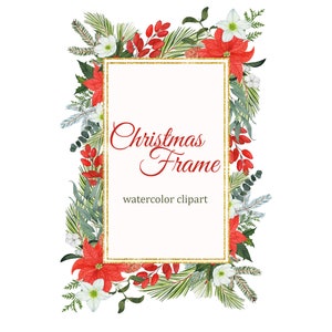 Christmas greenery and flowers floral frame clipart, gold winter wedding invitation PNG