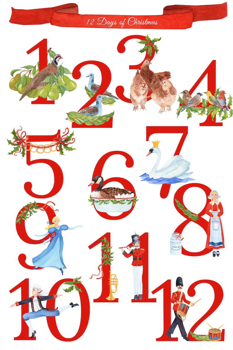 12 Days of Christmas Watercolor Clipart, Christmas Song Illustration ...