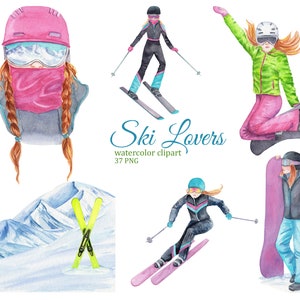 Akwarela narciarstwo i snowboard clipart, zima clipart, plakat narciarski, naklejki do planera clipart