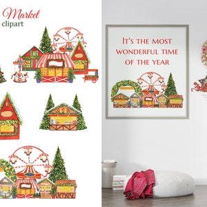 May include: Watercolor clipart illustration of a Christmas market with a Ferris wheel, carousel, and various stalls. The text "It's the most wonderful time of the year" is written on a sign above the market.