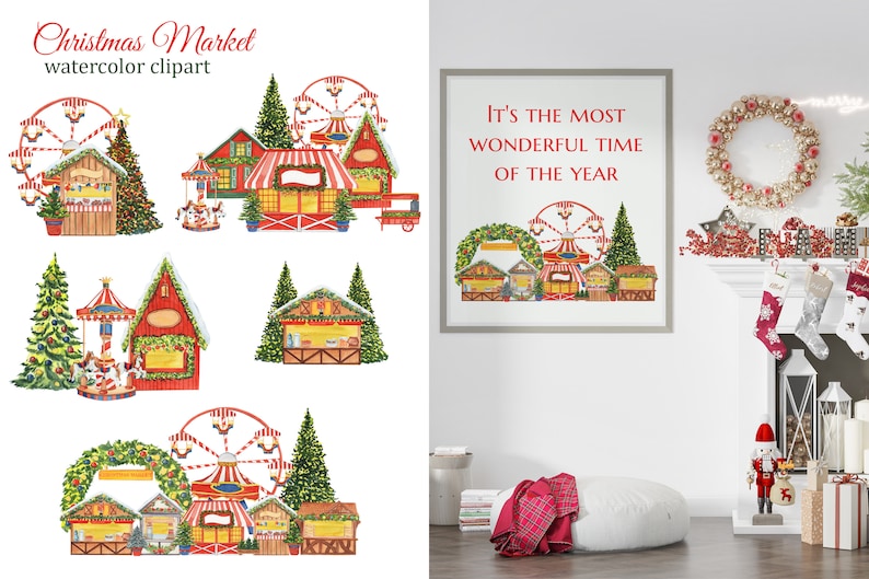 May include: Watercolor clipart illustration of a Christmas market with a Ferris wheel, carousel, and various stalls. The text "It's the most wonderful time of the year" is written on a sign above the market.