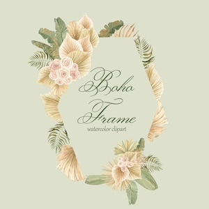 Cadre Boho à l’aquarelle avec feuilles de palmier séchées. Clipart cadre de mariage