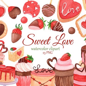 Sweet Love Valentines Day watercolor clip art, cupcakes, sweets, baking clipart