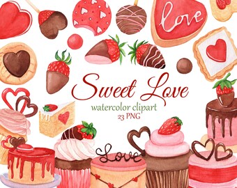 Sweet Love Valentines Day watercolor clip art, cupcakes, sweets, baking clipart