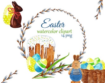 Watercolor Easter clipart, Easter Bunny, basket, Easter wreath