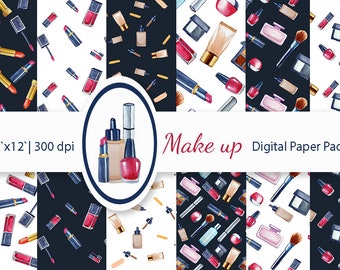 Makeup digital paper, Watercolor cosmetic scrapbooking, fashion digital paper