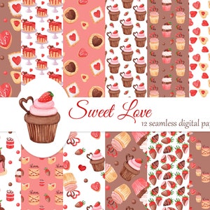 Sweet love digital papers set, Valentines day seamless pattern with cupcakes, scrapbook paper, decoupage paper