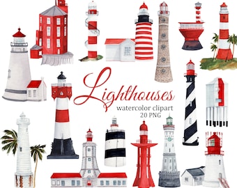 Clipart fari dell'acquerello, faro PNG, clipart di viaggio estivo, clipart oceano