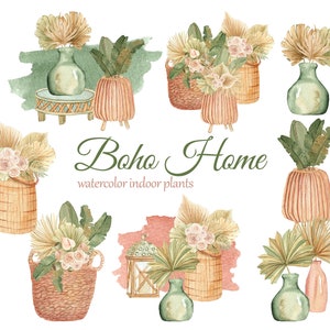 Boho plantes d’intérieur aquarelle clipart. Bouquets de fleurs tropicales séchées