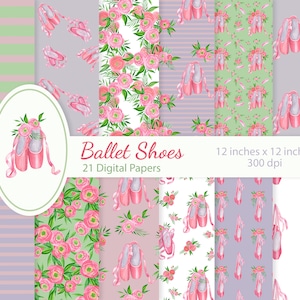 Floral Ballet Shoes Digital Papers Set. Ballerina scrapbooking paper