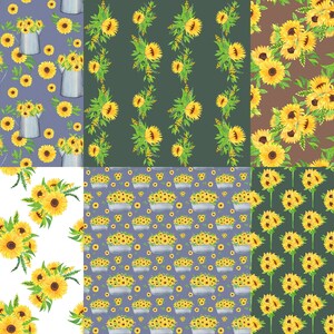 Sunflowers Digital Paper Pack. Watercolor Scrapbook Paper, Decoupage ...