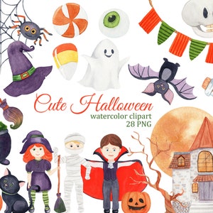 Cute Halloween Watercolor Clipart, Halloween costume party clipart, Haunted House, Ghost clipart, cat clipart, witch clipart