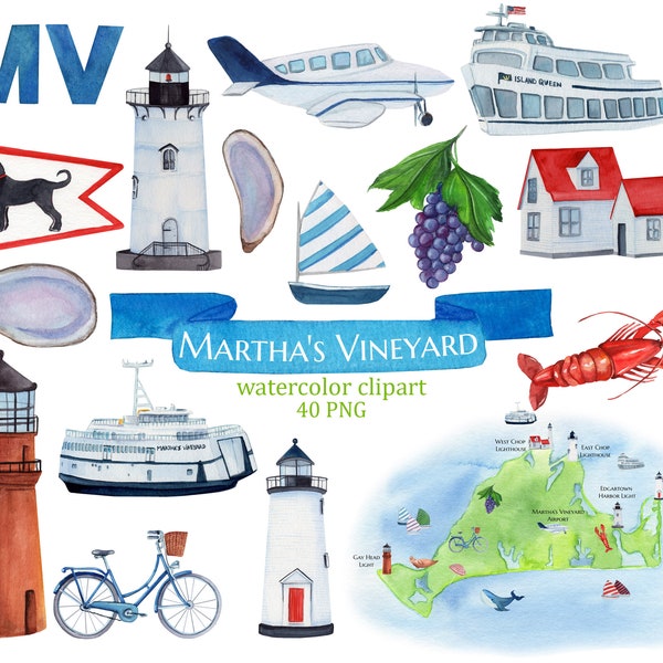 Marthas Vineyard Island watercolor clipart. Watercolor Map creator.