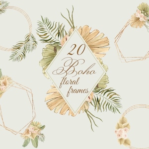 Set di telai floreali Boho ad acquerello. 20 cornici geometriche tropicali, cornici dorate e ghirlande
