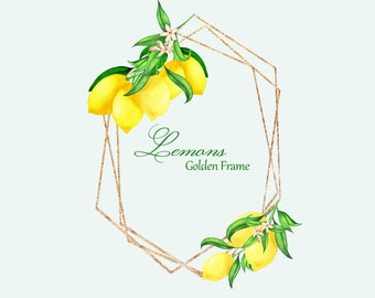 Watercolor lemon golden frame. Wedding angle frame clipart