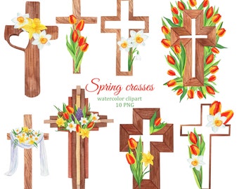 May include: Ten watercolor illustrations of wooden crosses decorated with spring flowers, including daffodils, tulips, and greenery. The crosses are in various styles and sizes, perfect for crafting or digital design projects.