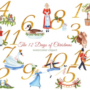 Les 12 jours de Noël aquarelle PNG clipart avec numéros d'or pour découpage, étiquettes cadeaux, cartes de voeux