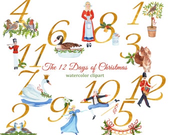 The 12 Days of Christmas watercolor PNG clipart with gold numbers for decoupage, gift tags, greeting cards