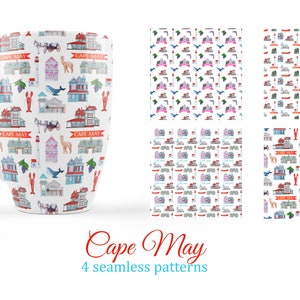 Modèle sans couture Cape May New Jersey, papier de découpage, arrière-plan numérique, clipart aquarelle, produits souvenirs
