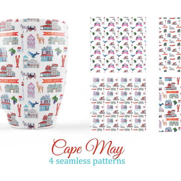 Cape May New Jersey seamless pattern, decoupage paper, digital background, watercolor clipart, souvenir products