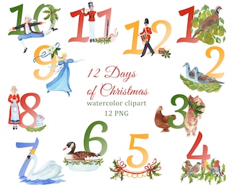 The Twelve Days of Christmas Aquarell Clipart, 12 Tage, Rebhuhn im Birnbaum, Turteltaube, Vögel rufen, Gänse a-legen, Schwäne
