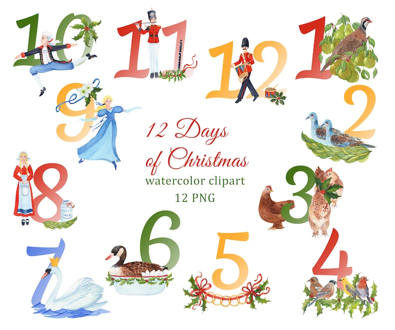 The Twelve Days of Christmas Watercolor Clipart 12 Days Etsy