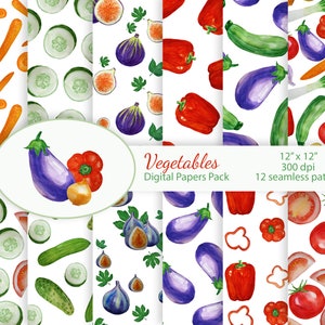 Watercolor Vegetables digital paper pack. Scrapbook Paper Vegetable background