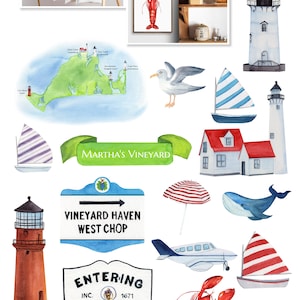 May include: Watercolor clipart featuring various images related to Martha's Vineyard, including a lighthouse, a sailboat, a seagull, a whale, a house, a beach umbrella, a plane, a lobster, and a map of the island. The text "Martha's Vineyard" is written in green on a white banner. The text "Vineyard Haven West Chop" is written on a blue sign with a green arrow. The text "Entering Inc. 1671 Edgartown" is written on a black sign with a green seal.