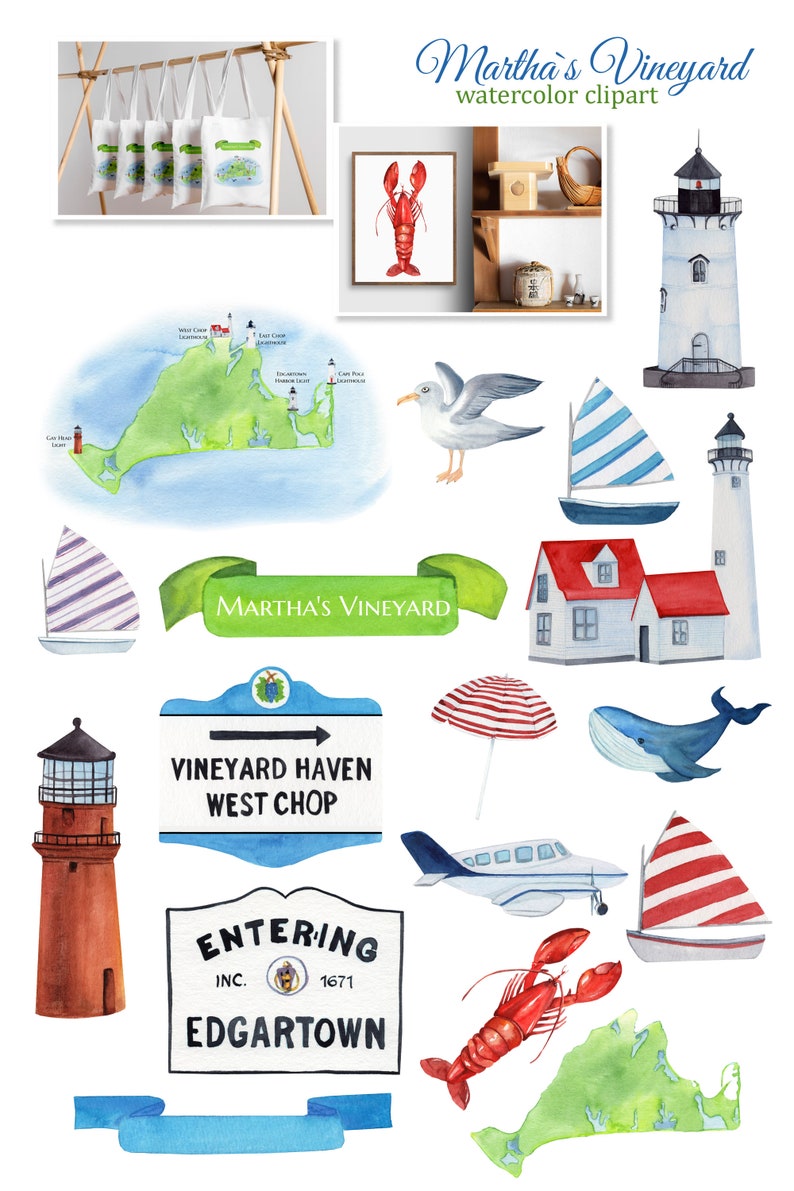 May include: Watercolor clipart featuring various images related to Martha's Vineyard, including a lighthouse, a sailboat, a seagull, a whale, a house, a beach umbrella, a plane, a lobster, and a map of the island. The text "Martha's Vineyard" is written in green on a white banner. The text "Vineyard Haven West Chop" is written on a blue sign with a green arrow. The text "Entering Inc. 1671 Edgartown" is written on a black sign with a green seal.
